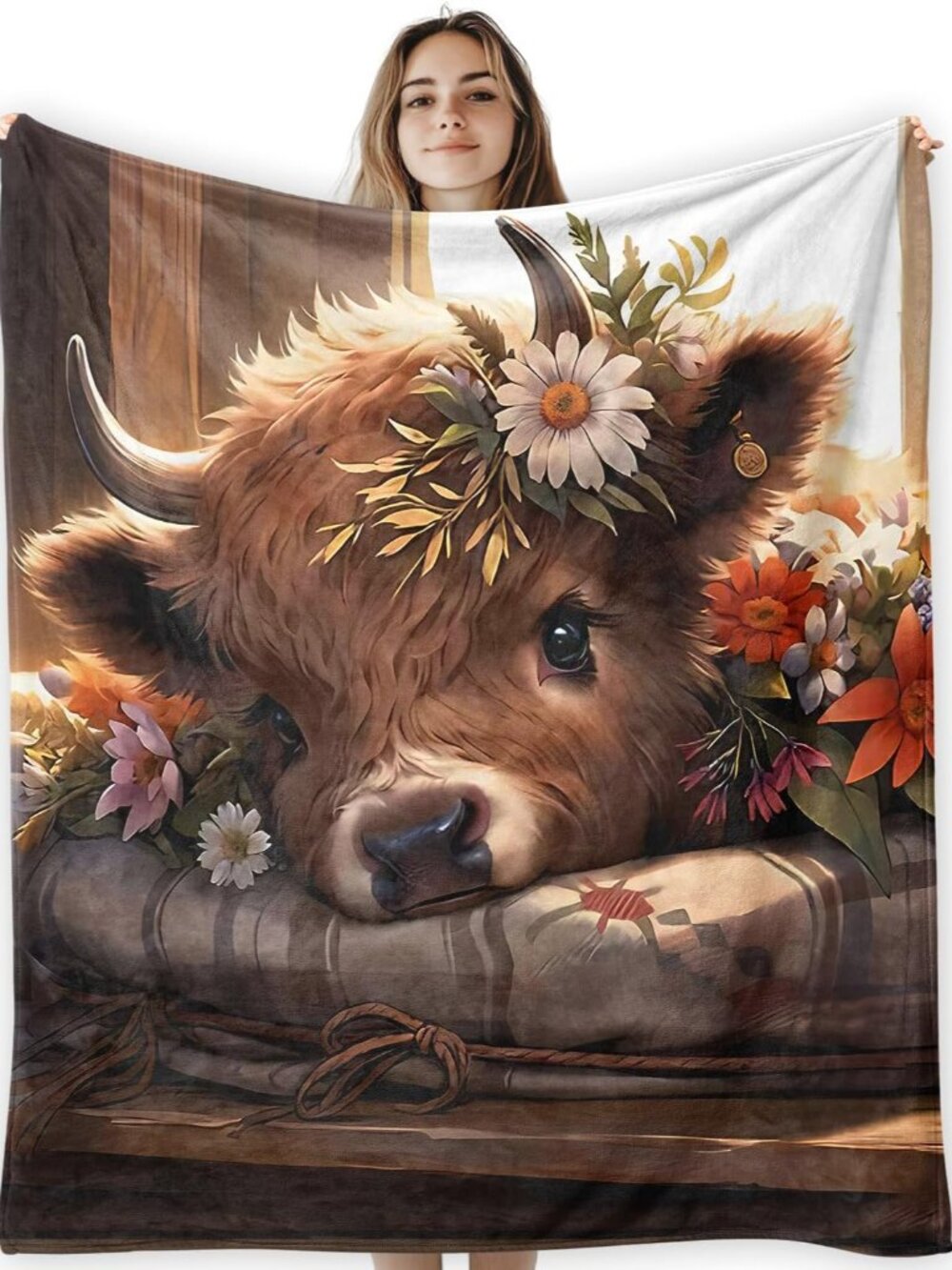 Highland Cow Fleece Throw Blanket 50X60, Cozy Farmhouse Flannel Decor for Couch